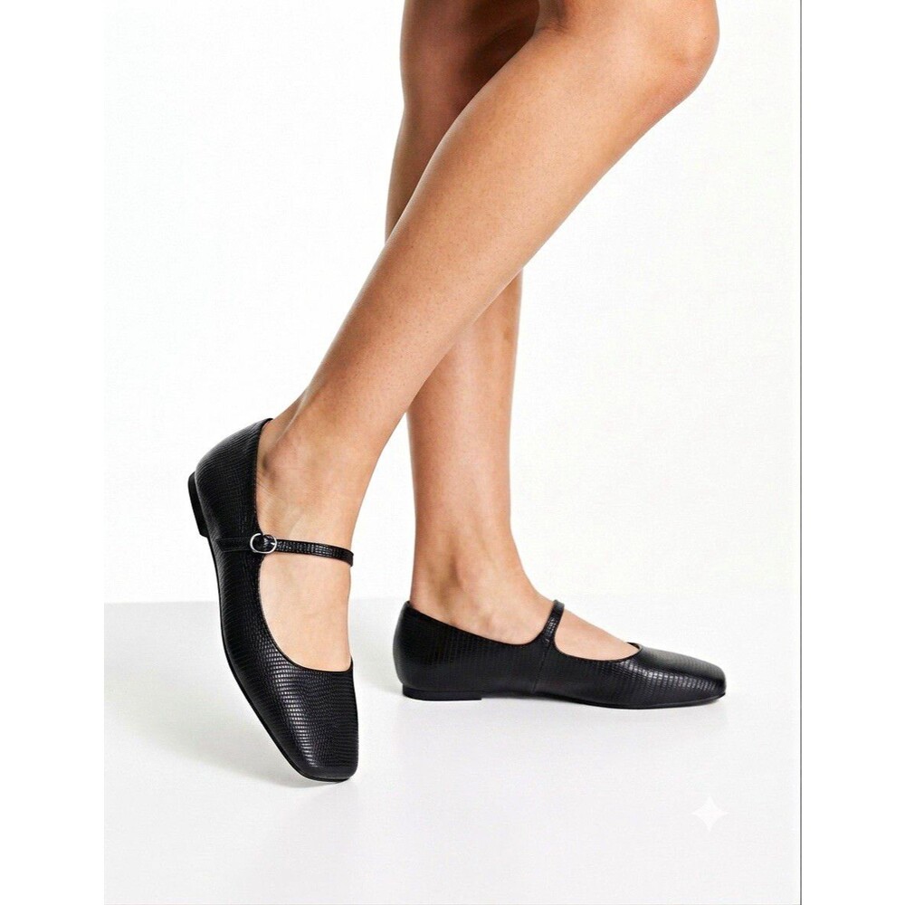 TOPSHOP Caitlin Slim Square Toe Ballet Flat Black Faux Leather Size 9